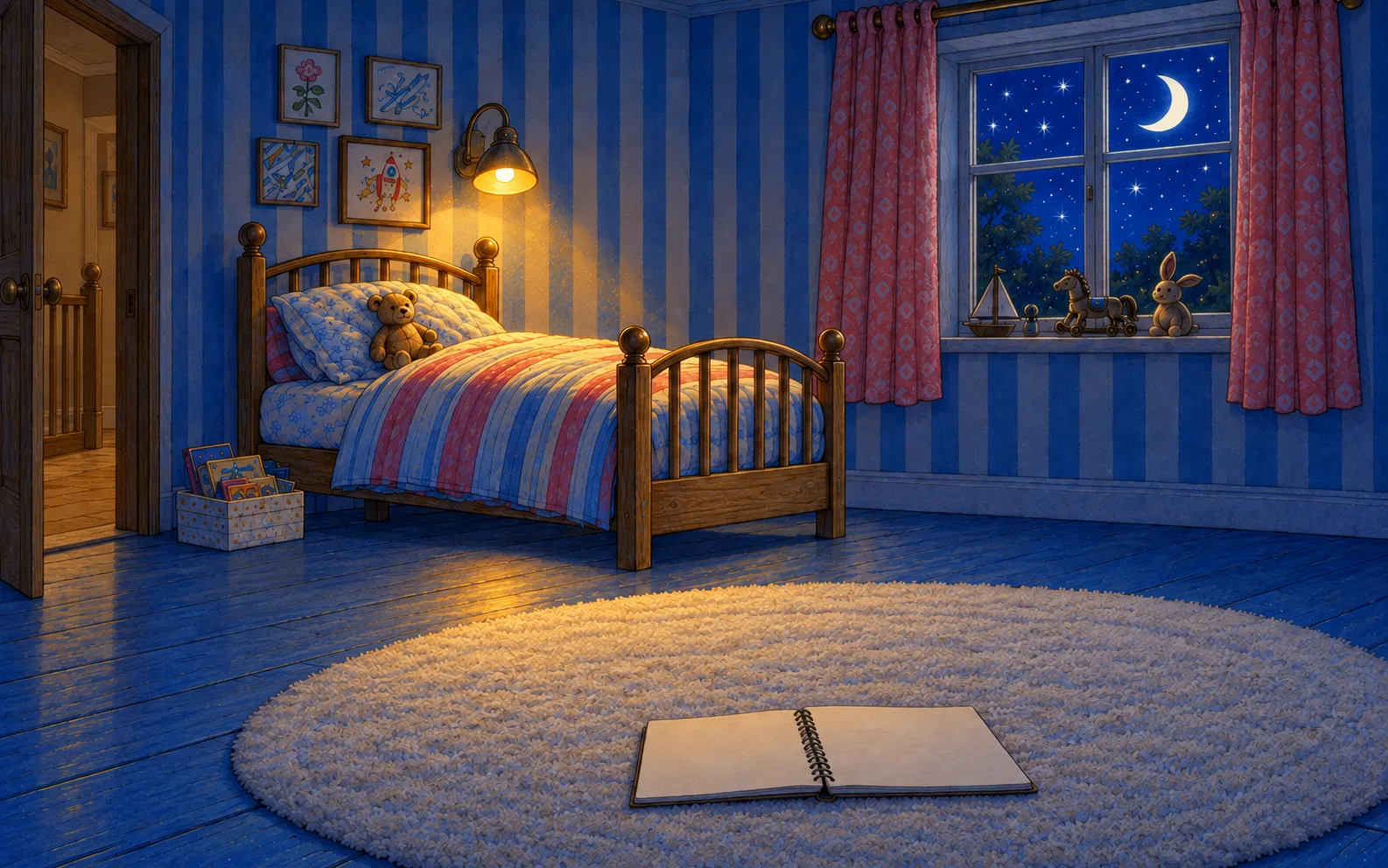 Henry’s cosy bedroom, with his sketchbook open on the rug