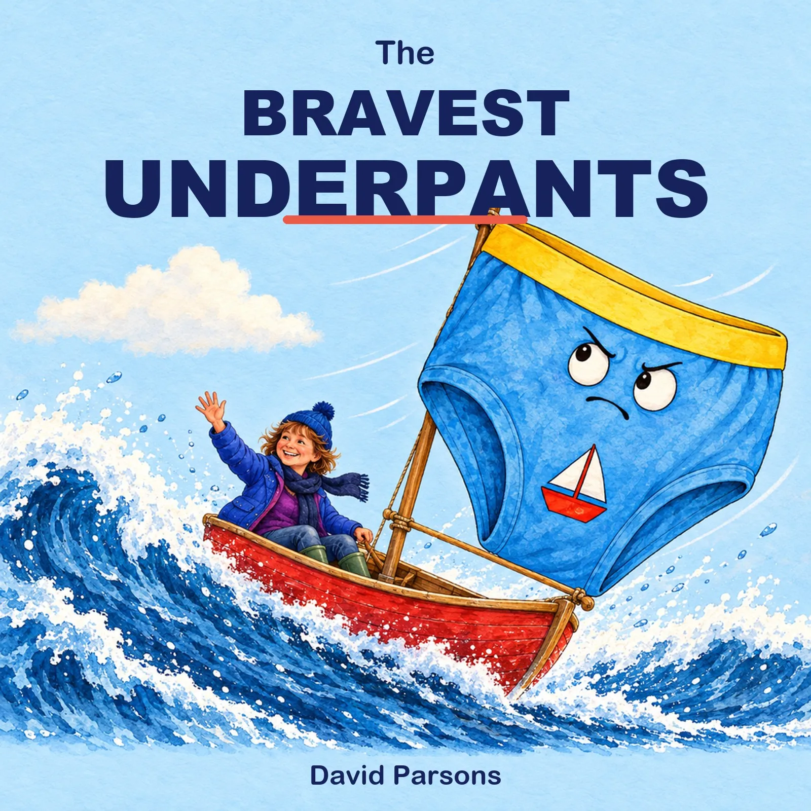 Cover of The Bravest Underpants: a huge pair of sky-blue pants with a little red boat on them, billowing as the sail of Nanny Angie’s little red boat on a big wave, looking very determined.